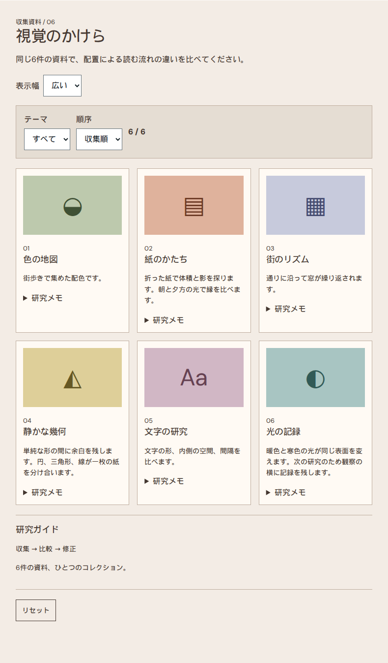 同じ6件の資料で配置を比較